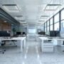 Open office with view from a large windows interior. 3d illustration