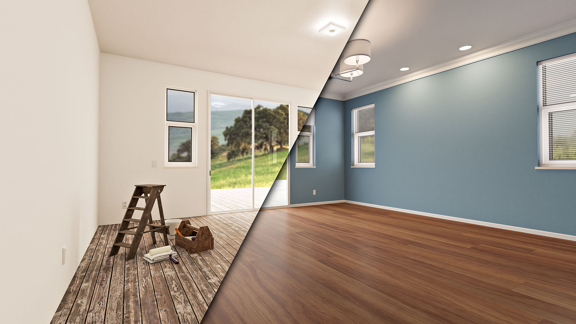 Room transformation from empty to fully renovated with new paint and flooring