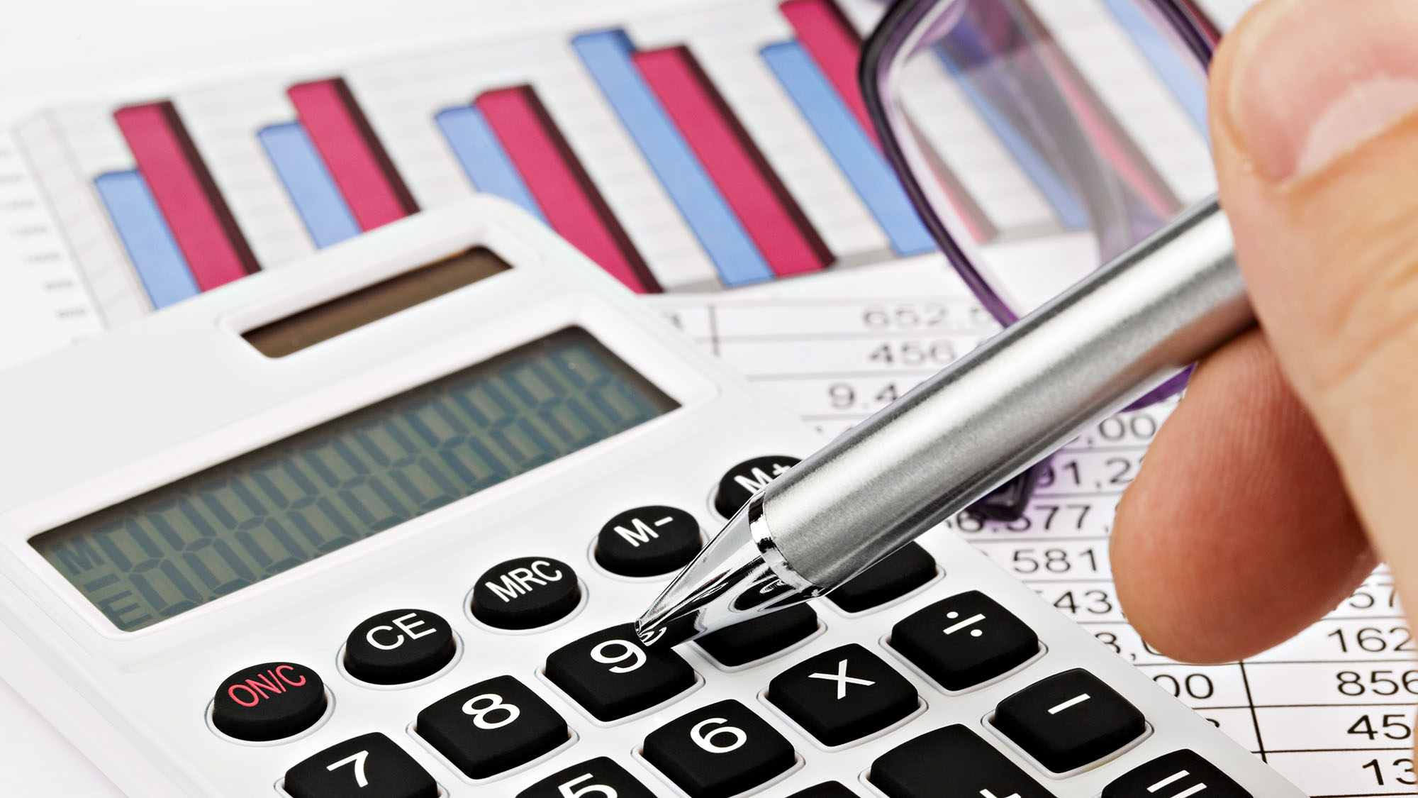 Calculator and pen on financial graphs for business analysis