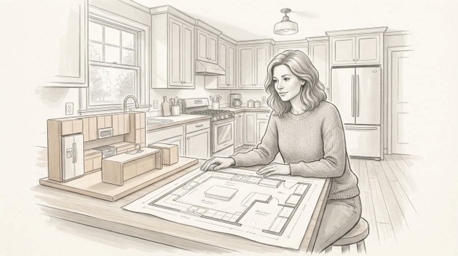 Architect designing a home kitchen layout, detailed floor plan visible