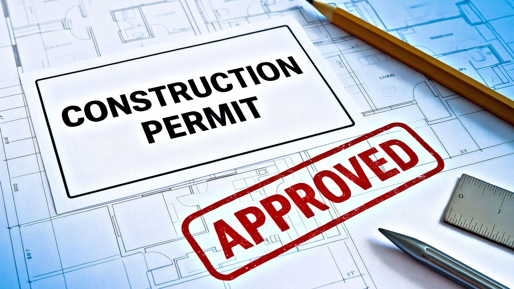 Construction permit approved stamp on architectural drawings