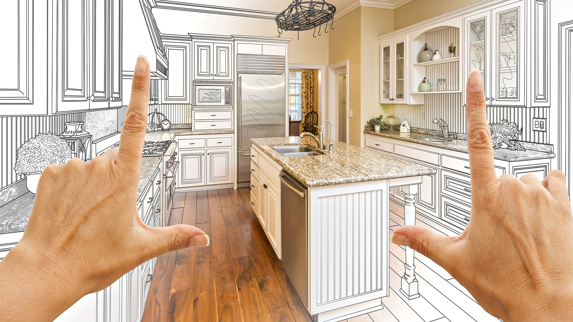 Kitchen renovation concept with drawn and real elements