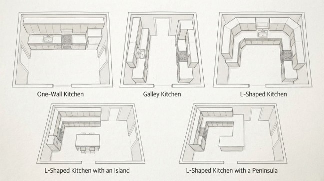 Five kitchen layout blueprints: one-wall, galley, L-shaped, L-shaped with island, peninsula
