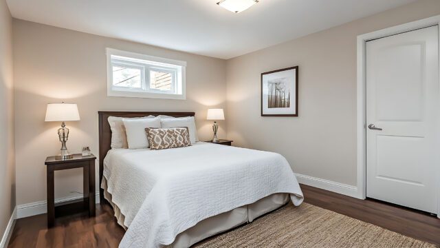 A calming and minimalist bedroom design with a white bed, beige walls, and natural light from a window.
