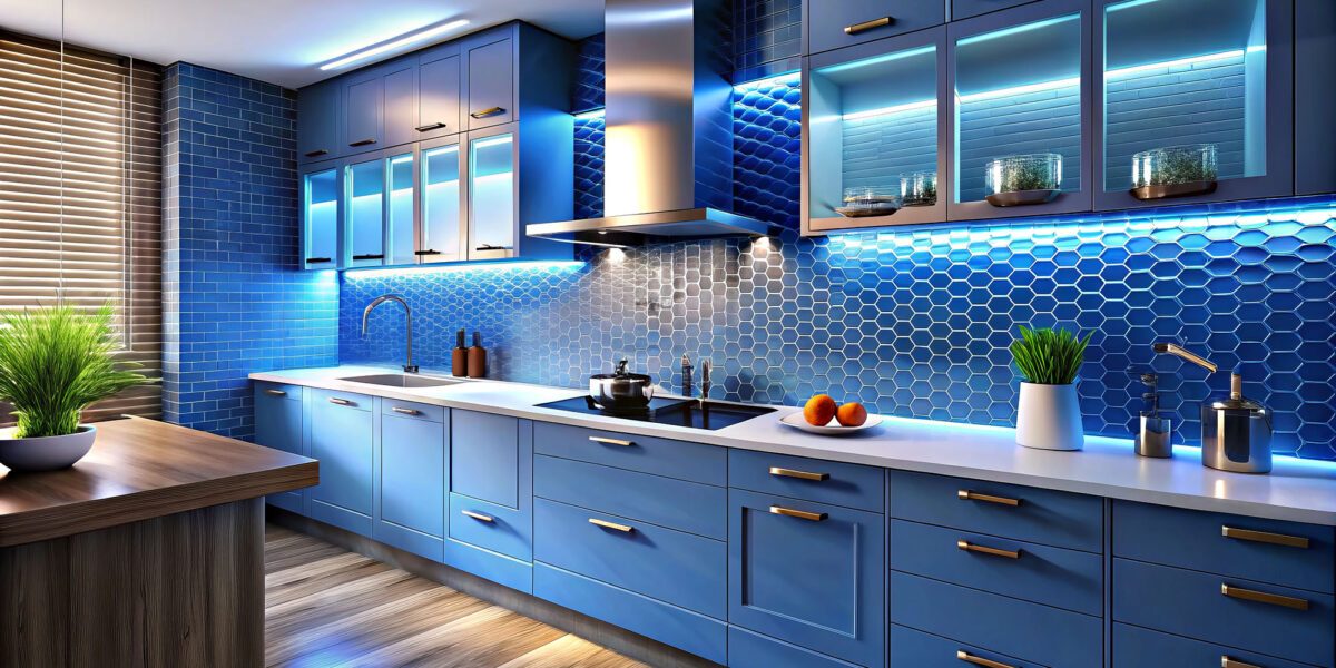 Blue and white kitchen renovation with unique backsplash