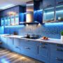 Blue and white kitchen renovation with unique backsplash