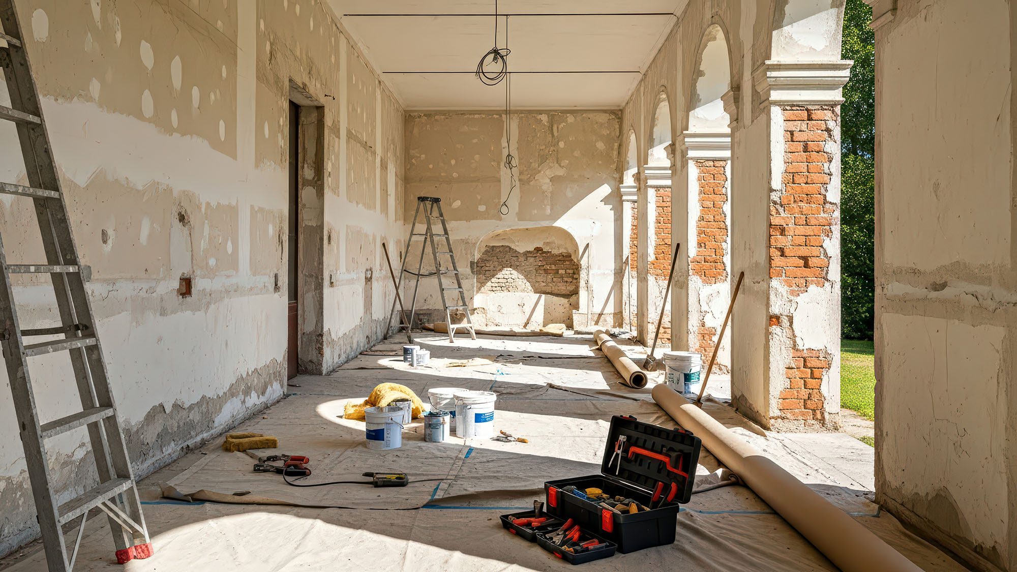 Renovation of historic building hallway with tools and materials