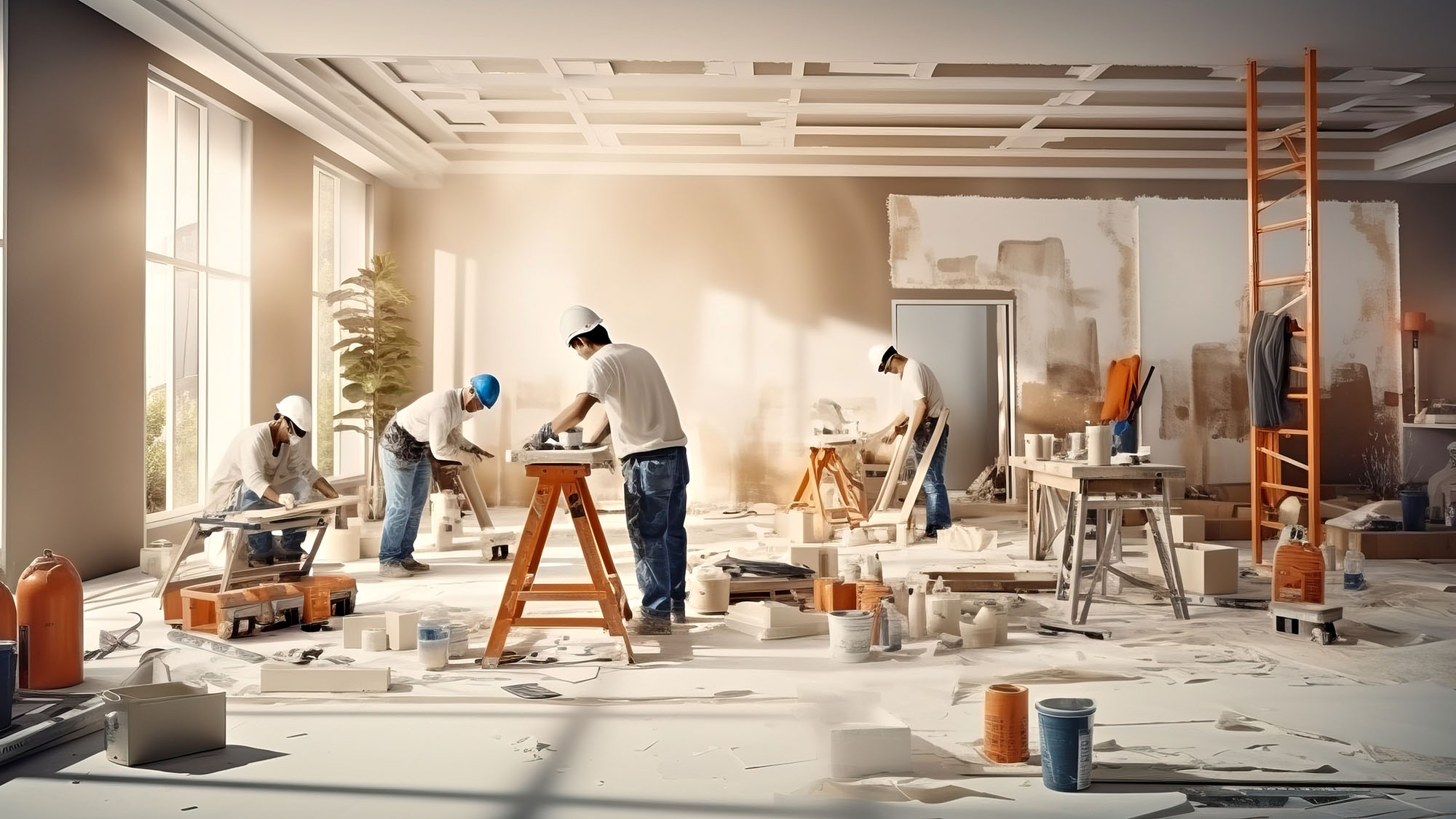 Construction workers renovating a modern interior space