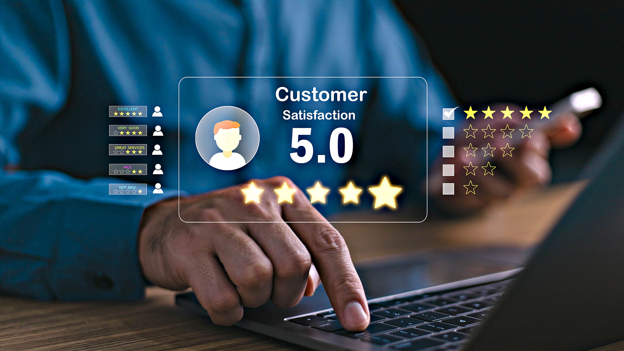 Customer satisfaction rating on laptop screen showing 5-star feedback