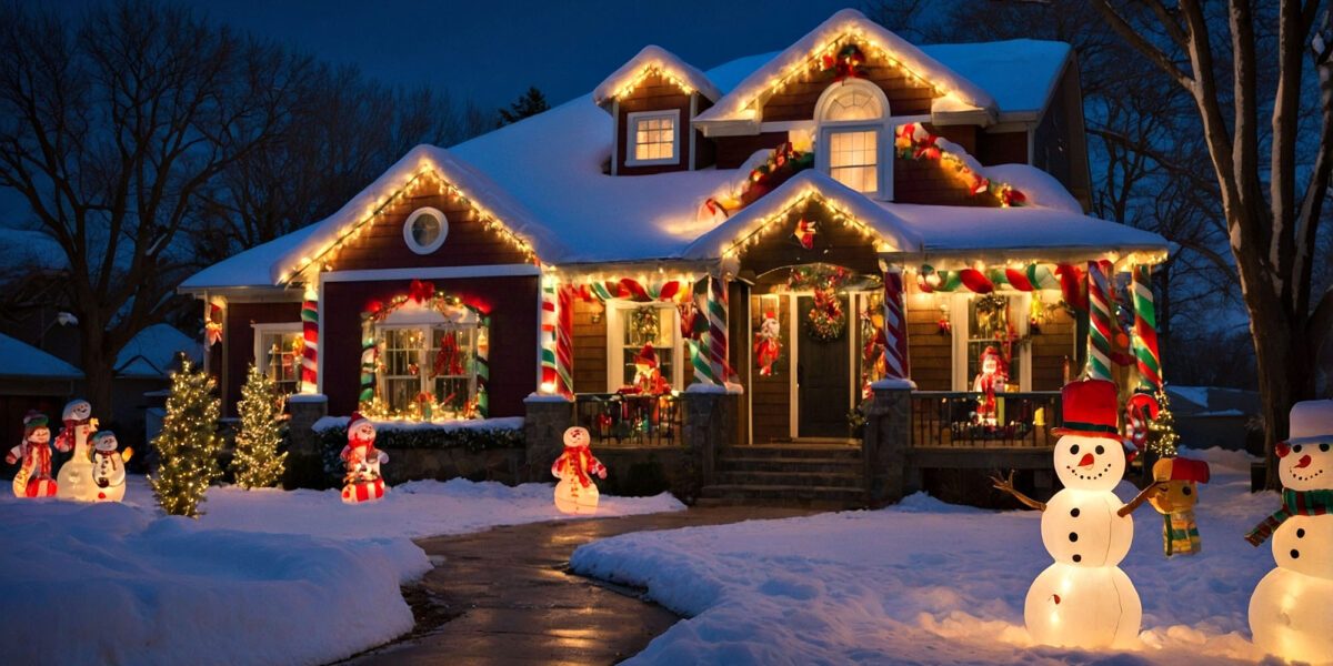 House decorated for the Festive Season with lights, snowmen, and great curb appeal.