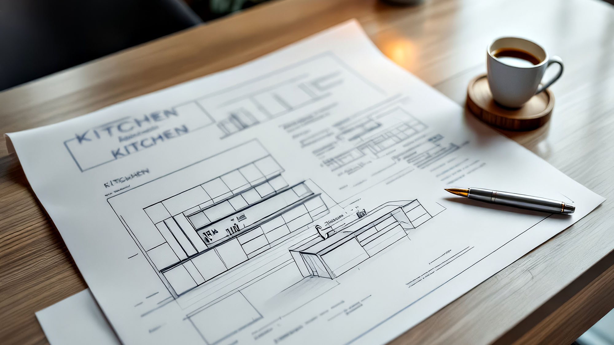 Kitchen renovation blueprint on a desk with a coffee cup and pen
