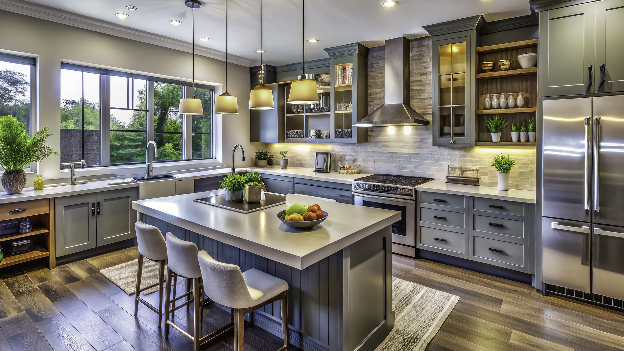 Modern kitchen with island, stainless steel appliances and pendant lighting