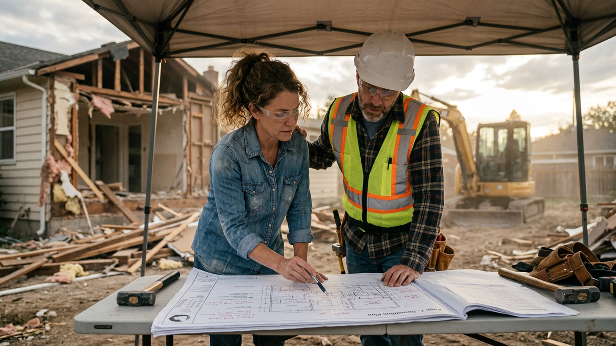 Construction engineers reviewing house renovation plans on site